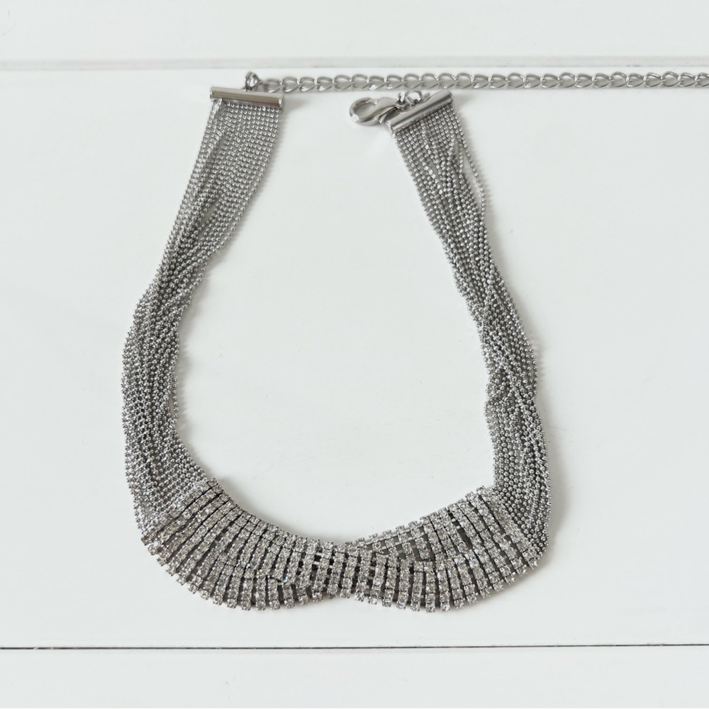 Silver tone rhinestone crystal choker necklace